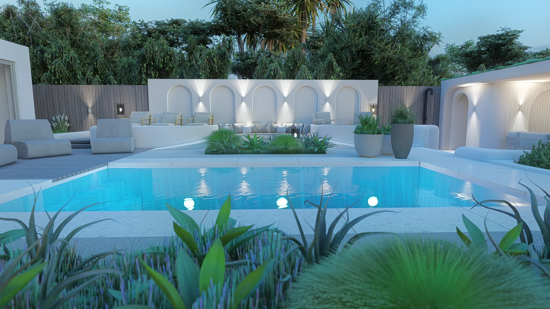 Exclusieve villatuin met loungeterras en sfeerverlichting in Bosch en Duin